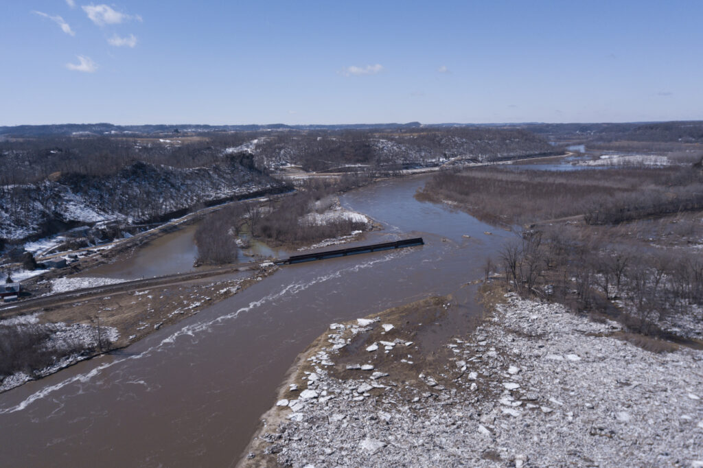 Train bridge washout on the Turkey River due to flooding in March 2019.