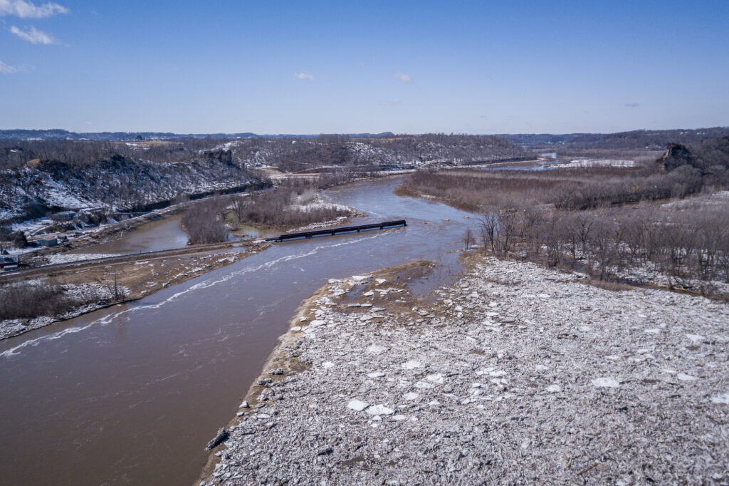 Train bridge washout on the Turkey River due to flooding in March 2019.