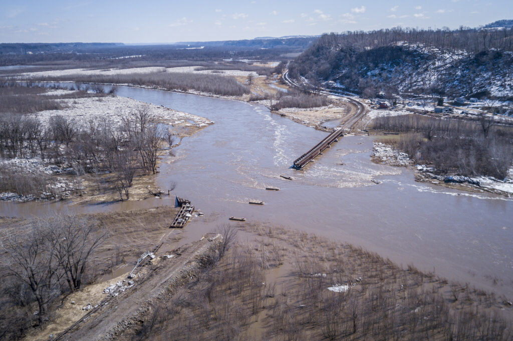 Train bridge washout on the Turkey River due to flooding in March 2019.